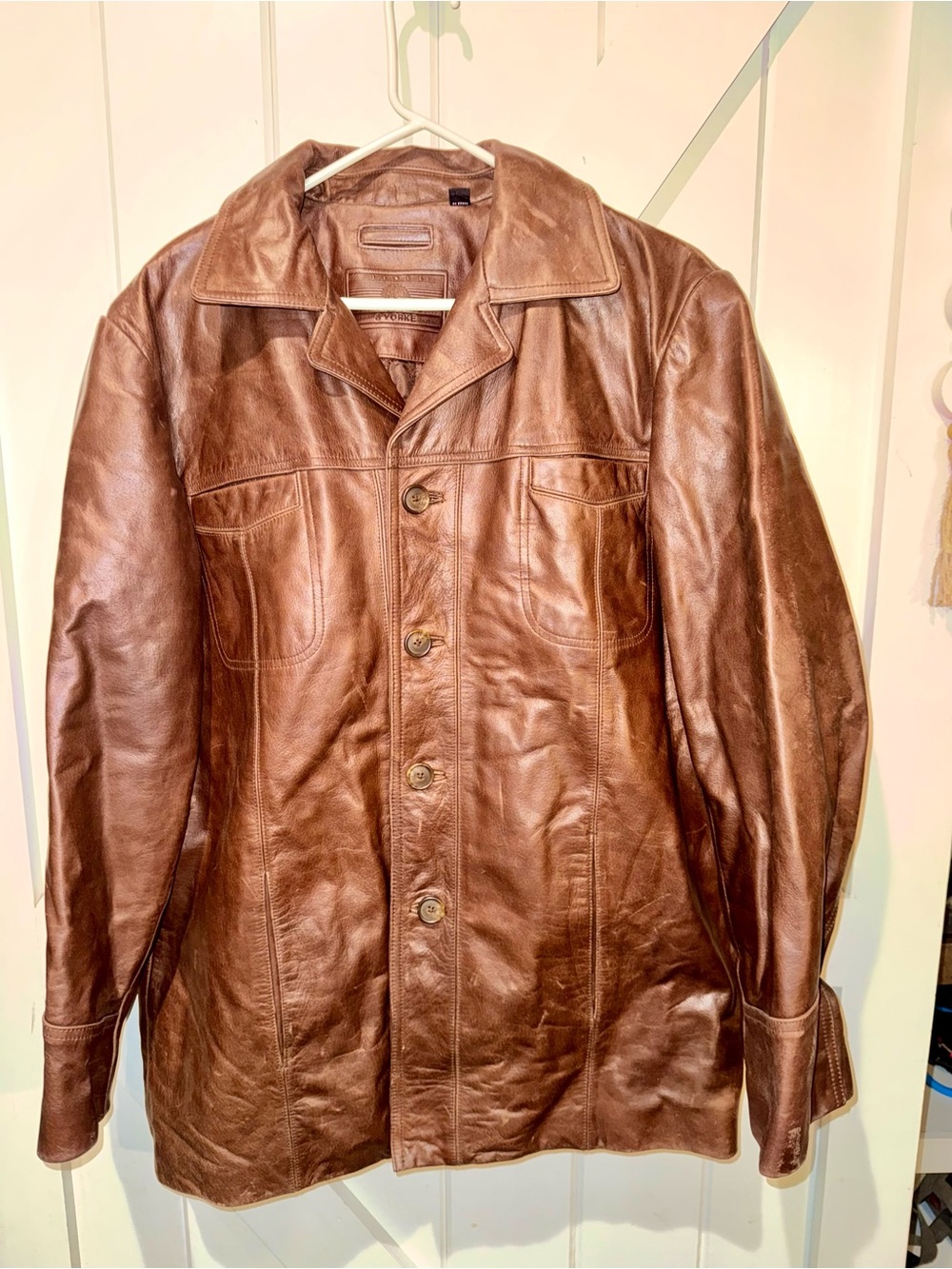 Roundtree & Yorke Genuine Leather Jacket Brown Button Front Men’s Medium